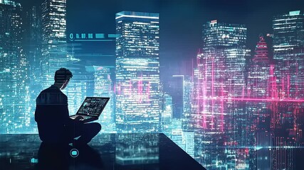 Future vision man coding, programmer working with big data and technology cityscape