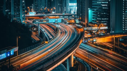 Fototapete - A panoramic view of a high-speed expressway interchange, showing multiple lanes and ramps converging and diverging, with clear signage and traffic flow.