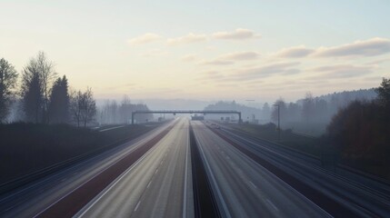 Aufkleber - A serene image of an empty expressway during early morning hours, with soft, diffused light and minimal traffic, capturing the calm before the day begins.