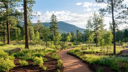 Poster - A serene hiking trail surrounded by newly planted trees, inviting outdoor enthusiasts to enjoy and appreciate the beauty of restored natural landscapes.