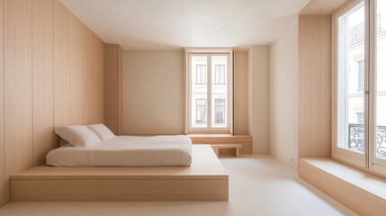 Aufkleber - A serene minimalist bedroom with an uncluttered space, featuring a simple bed with soft, neutral bedding, large windows, and light wooden accents