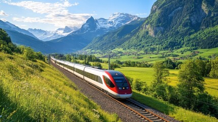 Fototapete - A sleek high-speed train racing through a picturesque countryside, with lush green fields and mountains in the background, showcasing the power of modern transportation.