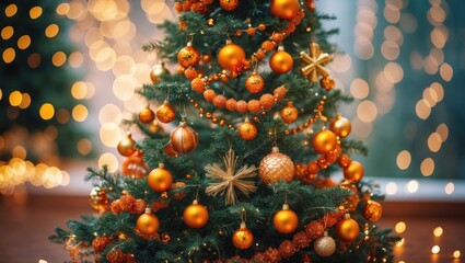 Wall Mural - festive christmas tree adorned with toys against a shimmering, bokeh-filled background with ample sp