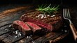 © VRVisionary - Medium rare grilled beef ribeye steak sliced on dark background