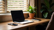 © OtonaLechuza - Laptop desk setup with cozy Mocha tones, featuring plants and practical tools