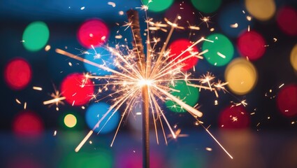 Wall Mural - colorful bokeh background with christmas sparkler and festive lights