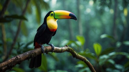 Bird with big open bill, the Keel-billed Toucan, in the vibrant rainforest of Central America
