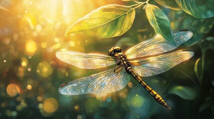 Aufkleber - A tranquil scene of a dragonfly hovering over a sunlit leaf, its iridescent wings shimmering, emphasizing the grace and elegance of nature's insects.