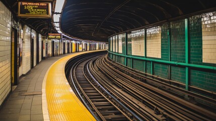 Aufkleber - A wide shot of a subway tunnel with long, parallel tracks stretching ahead, with faint lighting casting shadows on the tunnels curved walls and floor