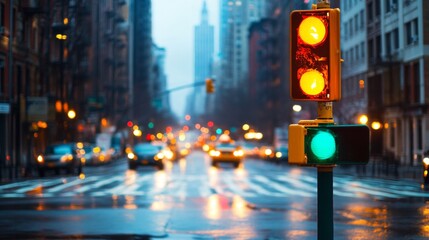 Poster - A wide shot of a traffic light turning green, positioned at an empty intersection with a blurred background of city streets, capturing a moment of calm traffic flow