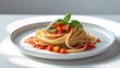 © Holo Frame - Italian traditional linguini pasta with tomatoes, pepper, and basil isolated on a white background