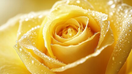 Poster - Macro shot of water droplets on a yellow rose petal, reflecting light and creating a detailed, fresh appearance