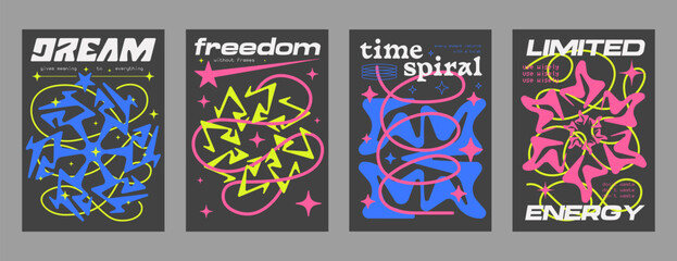 Aufkleber - Cool Y2k Posters Vector Design. Brutalist Abstract Geometric Shape Placards. Acid Rave Cybersigilism Gothic Covers. Futuristic Pattern Textures.