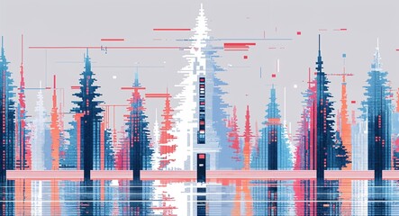 white trees digital glitch pixel abstract pattern art design on plain white background illustration