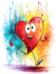 Poster - Joyful Heart Character Runs Through a Vibrant Mist of Colors in a Playful and Uplifting Environment