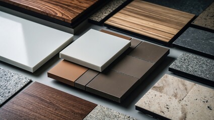 Poster - Display of diverse material samples, including wood and stone tiles, arranged aesthetically on a marble table in a close-up shot