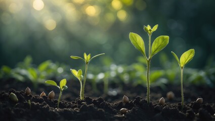 Poster - Concept of agriculture plant seeding and growing steps in garden with sunlight