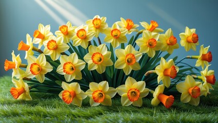 Wall Mural - artificial daffodils with green leaves and vibrant grass background