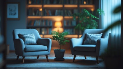 Poster - Blurry background of a cozy reading area featuring modern armchairs, a stylish bookshelf, and vibrant indoor plants for relaxation and creativity