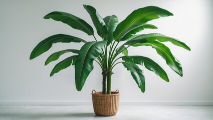 Poster - Artificial banana tree plant placed in a basket against a white background