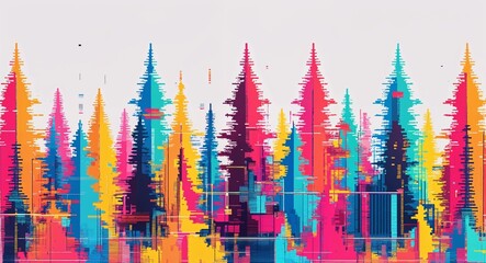 colorful trees digital glitch pixel abstract pattern art design on plain white background illustration