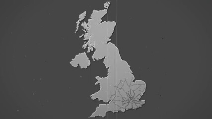 retro map of united kingdom with cities, roads and railways on a dark background.