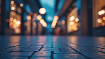 Poster - Outdoor shopping mall avenue at night with abstract blurred background and colorful city lights