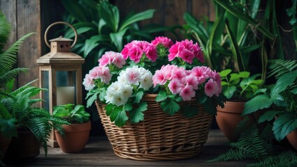 Aufkleber - Indoor garden scene featuring a wicker basket with blooming pink and white geraniums alongside a wooden lantern and various green plants