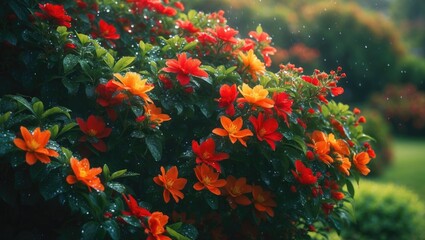 Poster - A colorful bush with red and orange flowers amidst a verdant landscape highlighting the beauty of blooming nature.