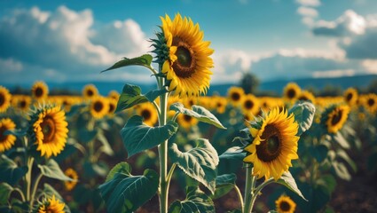 Aufkleber - Sunflower field under a cloudy sky in an agricultural landscape