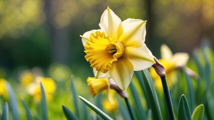Aufkleber - A vibrant yellow daffodil in full bloom amid lush green leaves