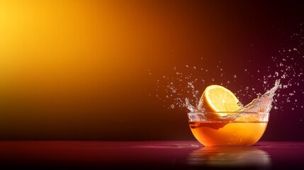 Poster - A lemon makes a dramatic splash in clear water, with droplets frozen in mid-air. The dark gradient background enhances the vibrant colors and adds depth