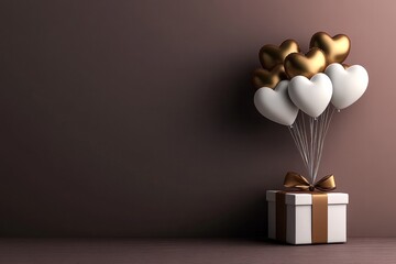 Leinwandbilder - 3D rendering of a Valentine's Day background with golden heart-shaped balloons in a gift box on a pink pastel-colored isolated banner for Happy Mother's Day. A bouquet of glowing gold and white