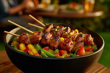 Poster - A barbecue grill with colorful skewers of meat and vegetables, surrounded by people sitting at outdoor tables enjoying drinks in the background, during the golden hour light casting long shadows