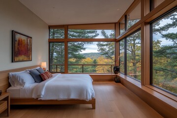 Leinwandbilder - A bedroom with minimalist design, featuring an oak bed and side tables. The room has large windows that provide natural light and a view of the outdoors. It includes neutral-colored walls, white