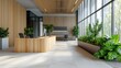 © Light of Art - A modern and bright office reception area features a sleek wooden reception desk surrounded by lush potted plants and large showcasing a vibrant city view.