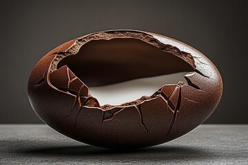 Poster - A cracked chocolate Easter egg with a white interior, set against a plain gray background. The scene is captured in a photorealistic