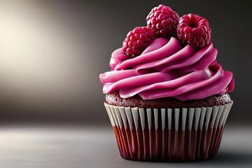 Aufkleber - A cupcake with pink frosting and raspberries on top, centered against a white background, in a photorealistic style, high resolution. The cupcake is in the foreground of the image, with its