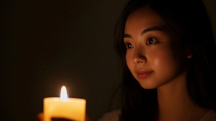 Poster - A woman gazes thoughtfully into the flickering flames of a candle, her face softly illuminated by the warm glow in a dramatic, dark setting