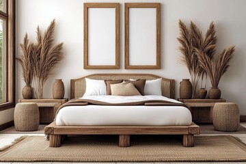 Poster - A light wooden frame mockup on the wall of an elegant bedroom with white walls, a white linen bed, and beige wicker furniture