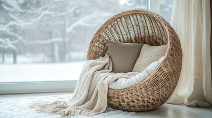 Poster - A wicker chair adorned with linen and cotton blankets sits beside a softly lit window in a minimalistic living room, creating a warm and inviting atmosphere