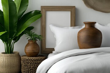 Poster - A light wooden frame mockup on the wall of an elegant bedroom with white walls, a white linen bed, and beige wicker furniture
