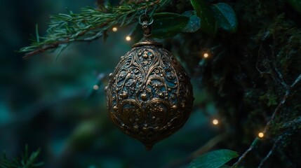 Aufkleber - intricate golden bell ornament clings to a lush pine branch, illuminated by soft fairy lights, creat