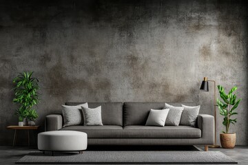 Leinwandbilder - A modern living room with a sofa, side table, and potted plant in front of the wall. The walls have a light gray color, and there is a carpet on the floor. A gray fabric couch is placed against