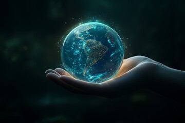 Poster - A person's hand holding the Earth in their palm, symbolizing environmental care and global impact. The background is dark green with hints of light shining through, creating an atmosphere that