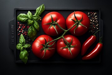 Poster - A set of ripe, red tomatoes isolated on a white background, captured in a top-down, flat lay composition, with a front-side view. High-resolution photography