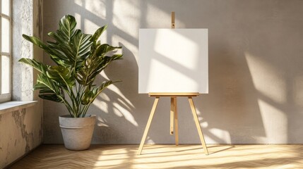 Leinwandbilder - In a minimalistic room, a blank white canvas stands on an easel with a potted plant in the corner, highlighting a serene atmosphere filled with natural light
