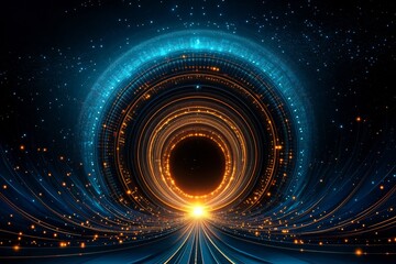 Poster - A symmetrical pattern of glowing lights forms an intricate tunnel, with orange and blue hues creating depth in the scene. The composition includes a central circle of bright LED light patterns