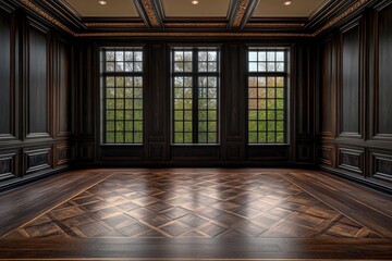 Leinwandbilder - An empty room with three large windows on the wall, casting beautiful light patterns onto an elegant wooden floor. The walls feature dark wood paneling and intricate trim work, creating a sense