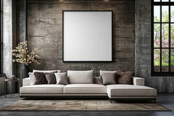 Poster - Blank white picture frame mockup hanging on the wall in a modern living room, with soft natural lighting, an airy and bright atmosphere, a minimalistic style with decorative elements, a large